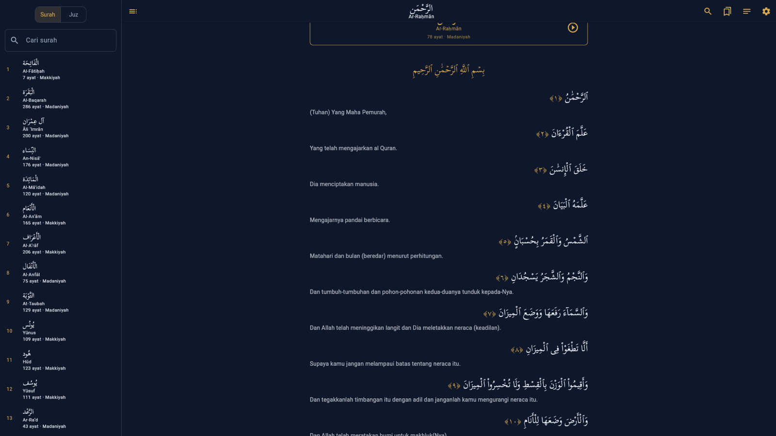 Tampilan baca yang sama dengan tema Malam.